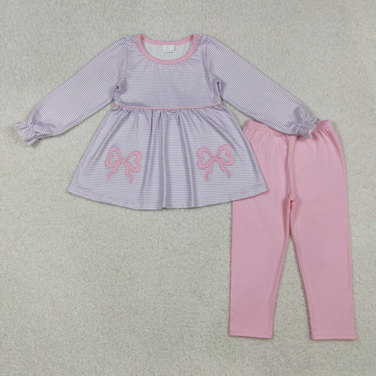 Baby Girl Long Sleeves Stripes Embroidery Bows Tunic Pink Pants Clothes Set RTS