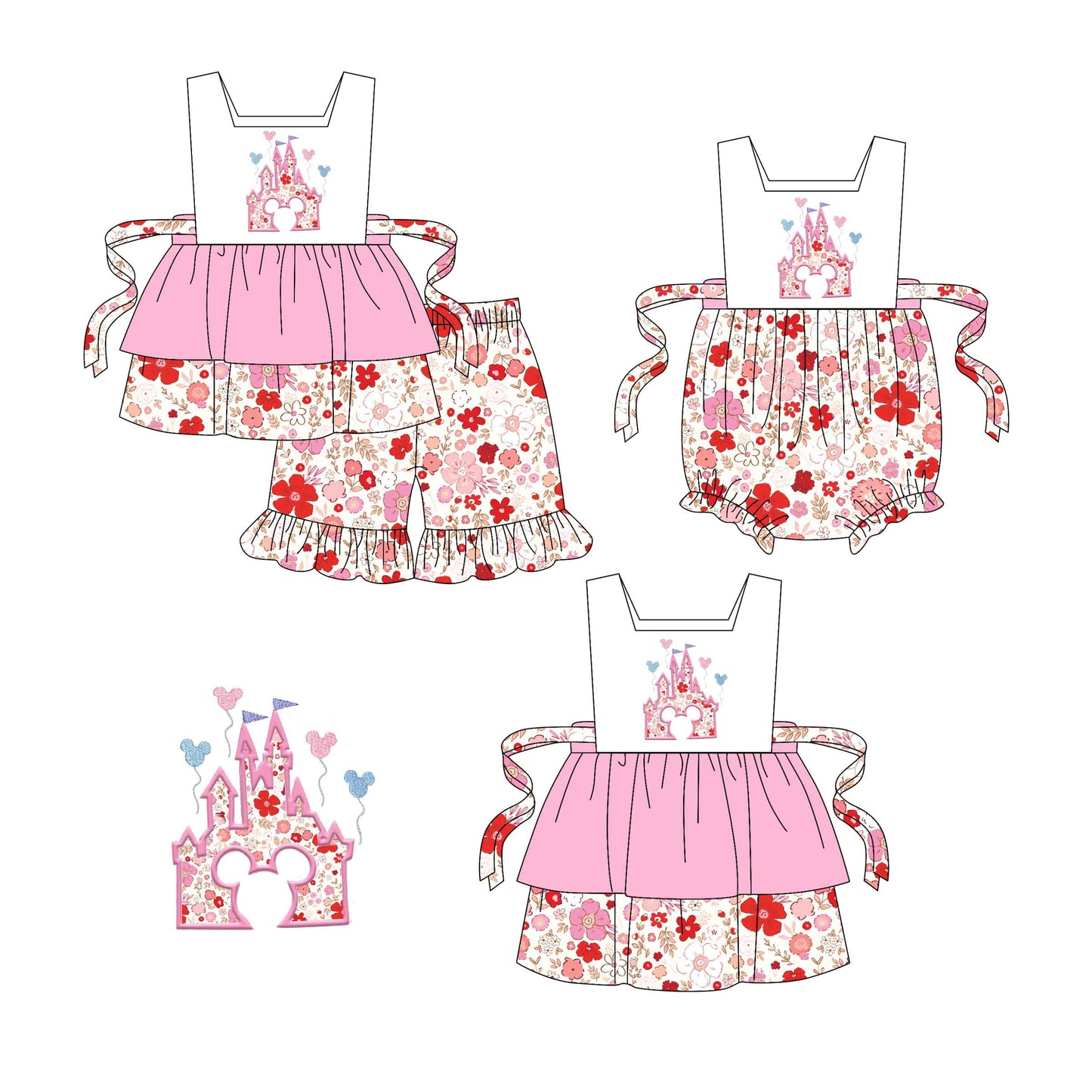 Baby Girl Floral Castle Hearts Pink Sibling Romper Dress Set ( Moq 5 Each Style ) 1.21