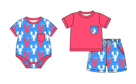 Baby Boy Short Sleeves July 4th Crawfish Sibling Romper Set ( Moq 5 Each Style ) 2.19