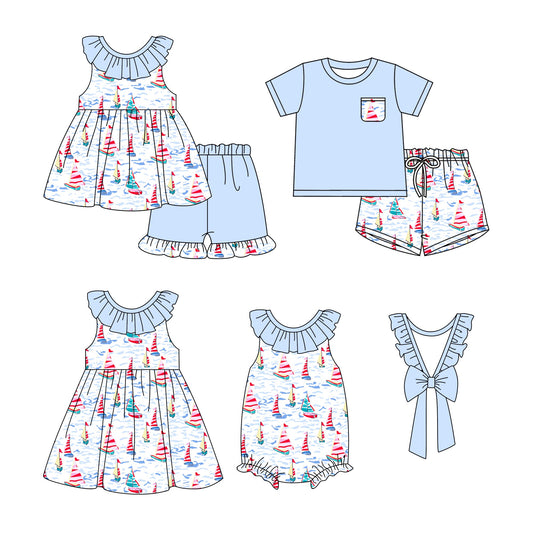 Baby Boy Girl Boats Blue Sibling Romper Dress Set ( Moq 5 Each Style ) 1.10