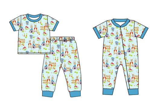 Baby Boy Short Sleeves Easter Rabbits Blue Sibling Romper Clothes Set ( Moq 5 Each Design ) 12.5