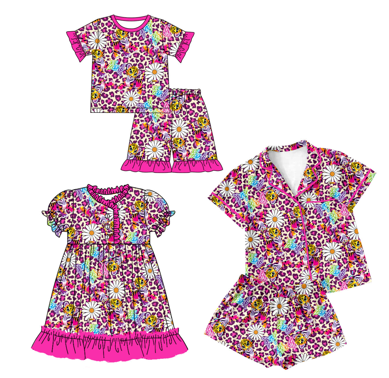 Baby Girl Toddler Adult Women Tiger Flower Leopard Sibling Family Dress Pajamas Set ( Moq 5 Each Style ) 12.11