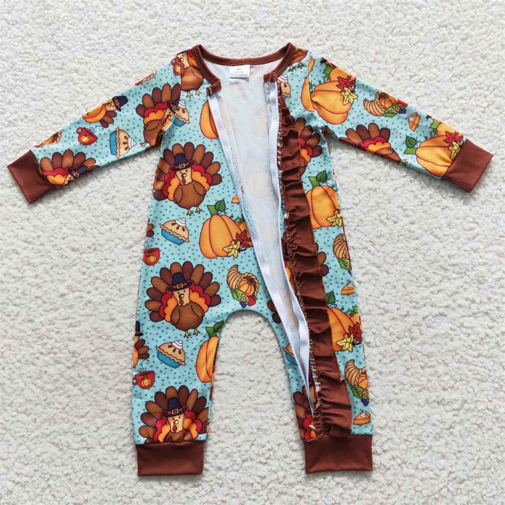 LR0581 Baby Boy Thanksgiving Long Sleeves turkey Pumpkin One Piece Zipper Romper