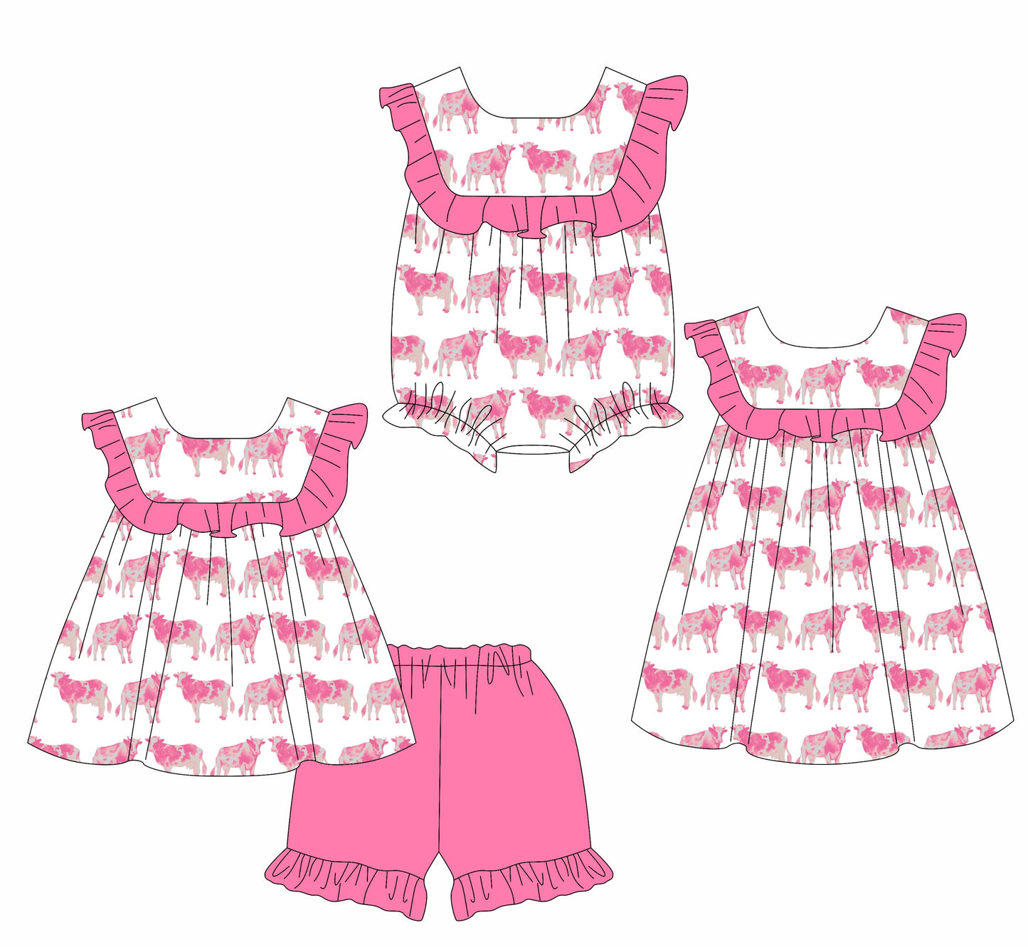 Baby Girl Pink Cow Ruffle Ruffle Sibling Romper Dress Set ( Moq 5 Each Style ) 2.28