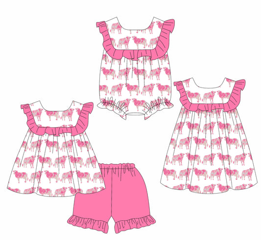Baby Girl Pink Cow Ruffle Ruffle Sibling Romper Dress Set ( Moq 5 Each Style ) 2.28