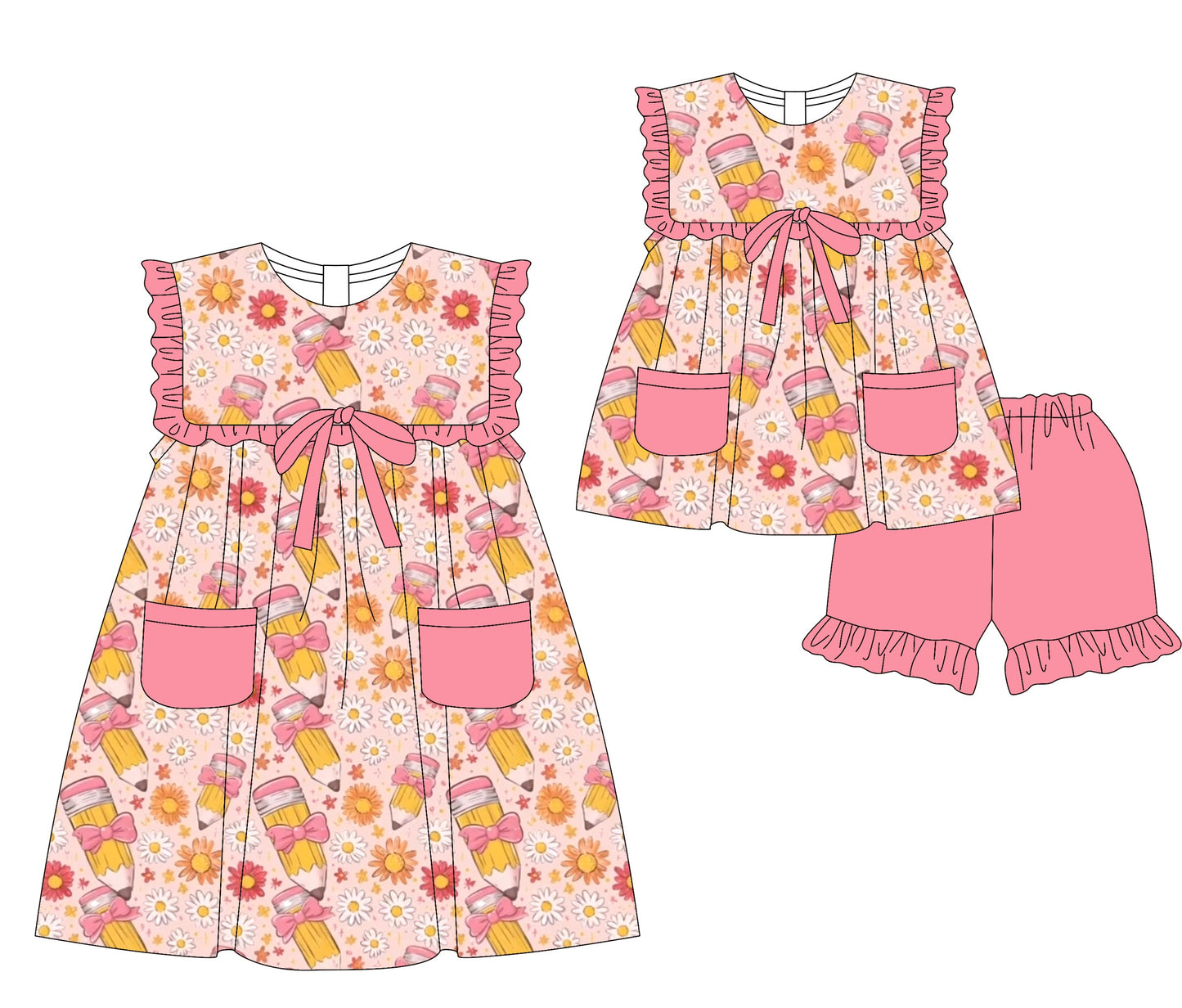 Baby Girl Back To School Pencil Flower Bows Sibling Dress Set ( Moq 5 Each Style ) 3.5