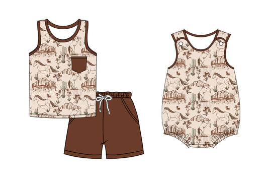 Baby Boy Sleeveless Western Horse Sibling Romper Set ( Moq 5 Each Style ) 2.14