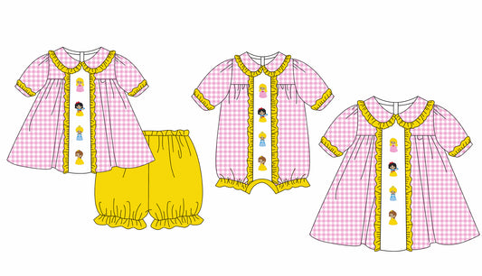 Baby Girl Short Sleeves Princess Plaid Sibling Romper Dress Clothes Set ( Moq 5 Each Design )11.25