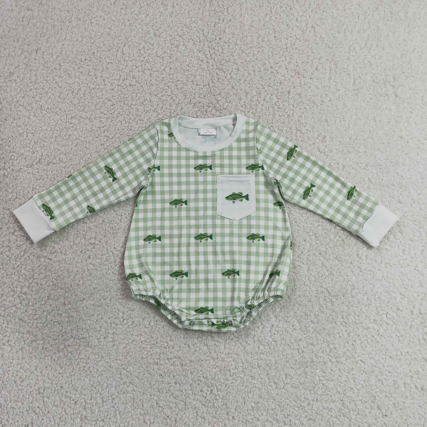 Baby Boys Infant Long Sleeves Fish Green Plaid Pocket Romper Clothes RTS