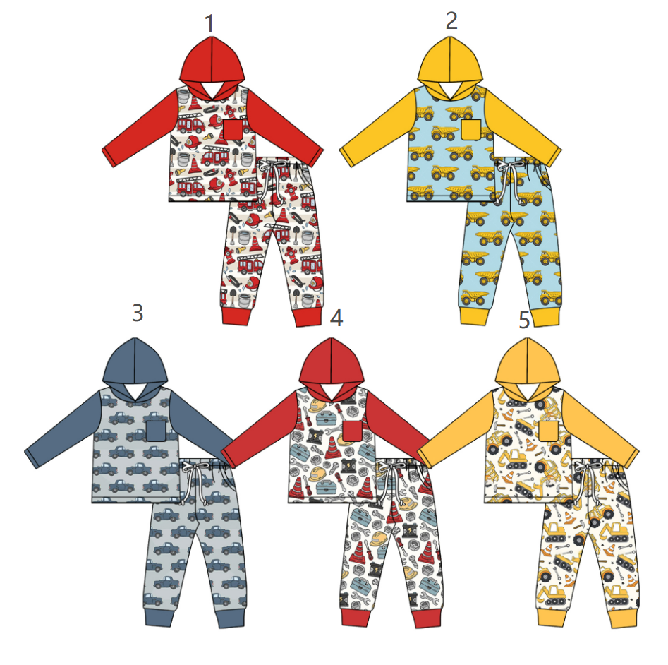 ( Moq 5 Each Style ) Sibling Baby Boys Kids Long Sleeves Trucks Hoodie Shirts Pants Sets Clothes