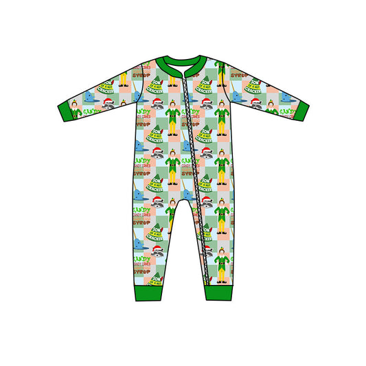 Baby Boy Long Sleeves Christmas Shelf Green Zipper Romper