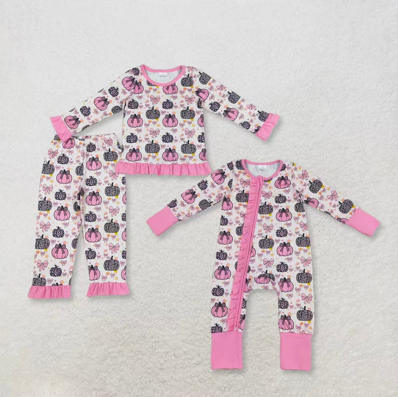 Sibling Baby Girls Long Sleeves Leopard Pumpkins Bows Romper Set Fall Clothes RTS