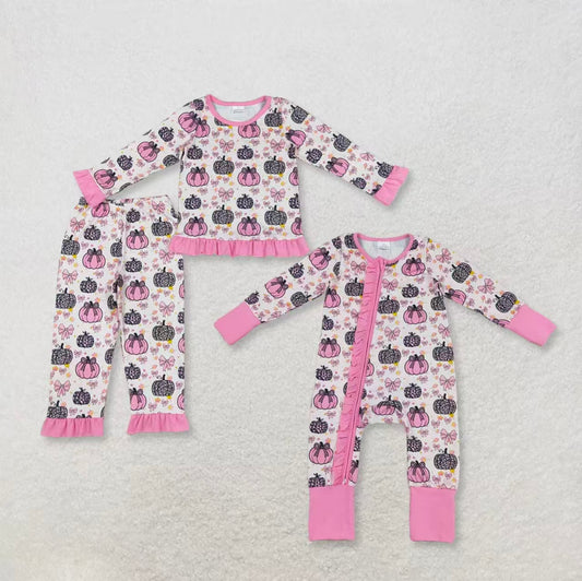 Sibling Baby Girls Long Sleeves Leopard Pumpkins Bows Romper Set Fall Clothes RTS