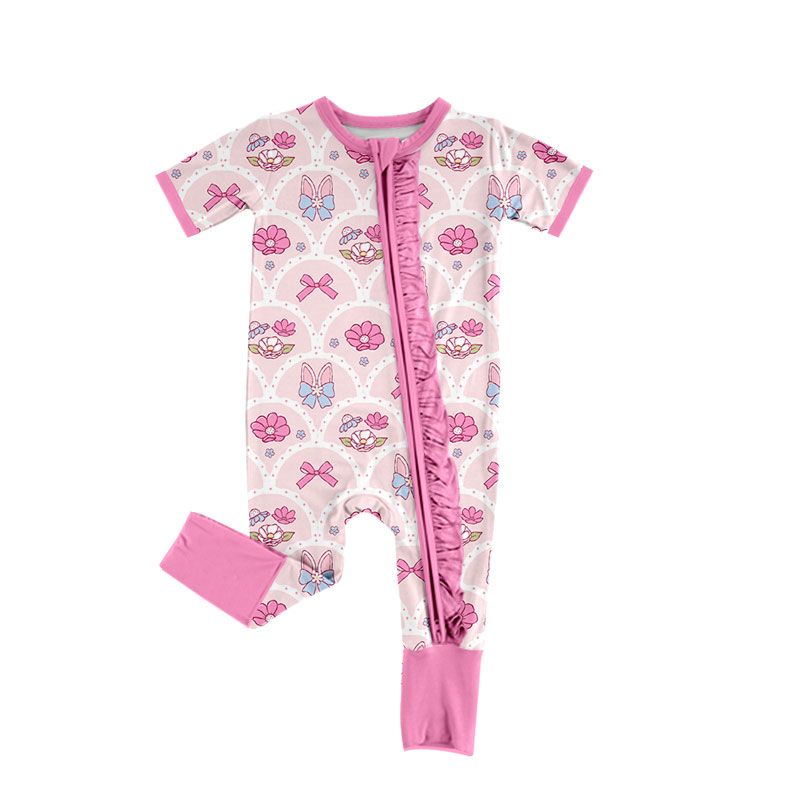 ( Moq 5 ) Preorder Baby Girls Infant Rabbits Bows Flower Zipper Footie Sleeper Easter Romper Clothes