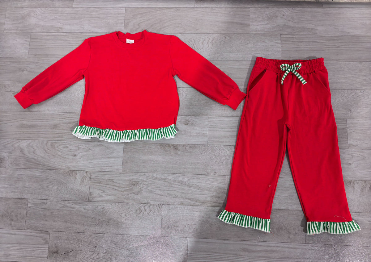 ( No moq ) Preorder Baby Girls Kids Stripes Ruffle Shirt Pockets Pants Red Set Christmas Clothes