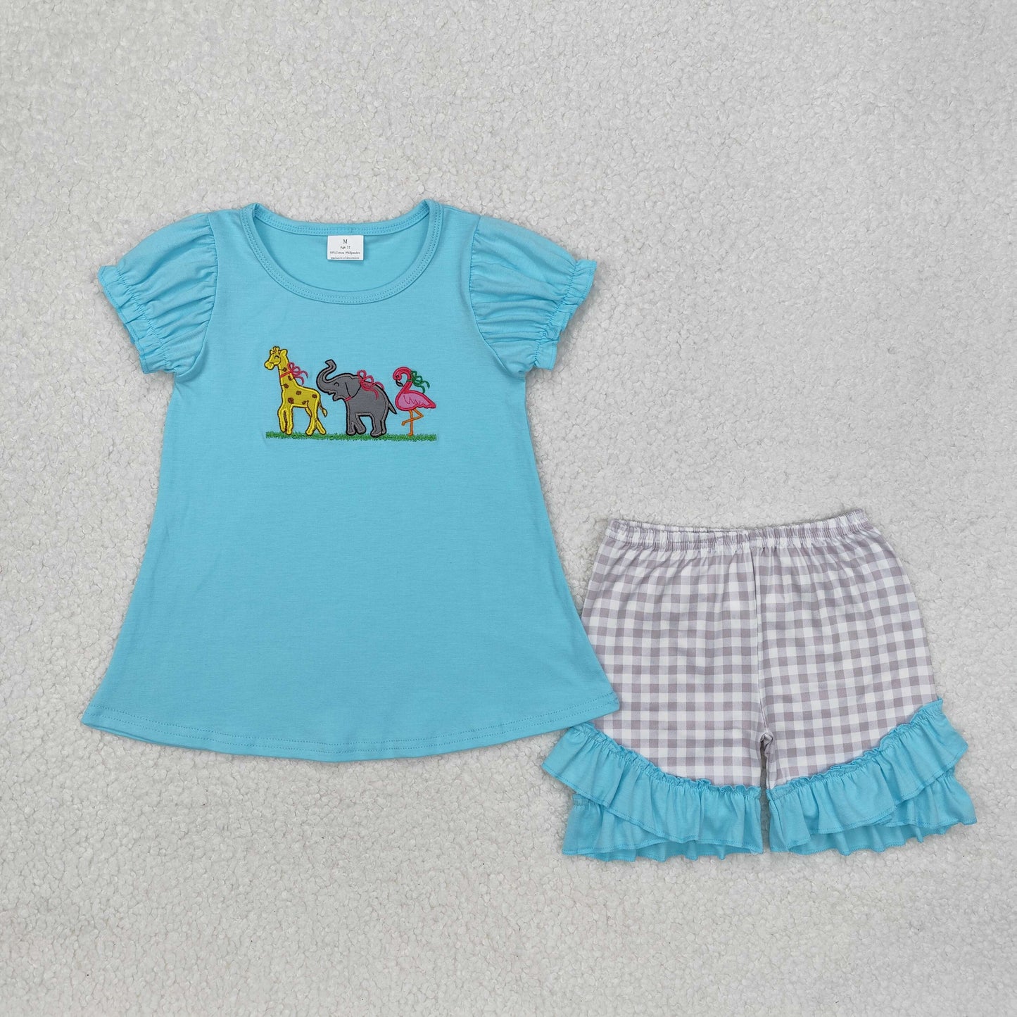 Baby Girl Short Sleeves Embroidery Animals Shirt Ruffle Shorts Clothes Set