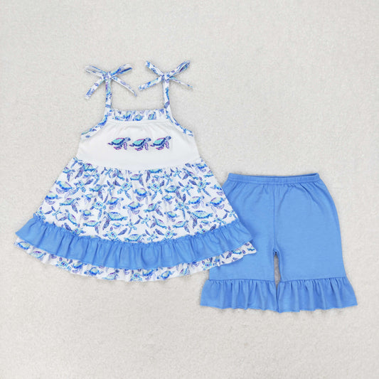 Baby Girl Embroidery Turtles Tops Blue Cotton Shorts Set