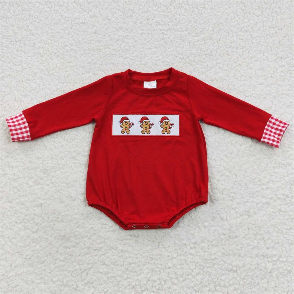 Sibling Girls Boys Long Sleeves Embroidery Gingerbread Sibling Christmas Red Romper Dress Pajamas Outfit Clothes RTS