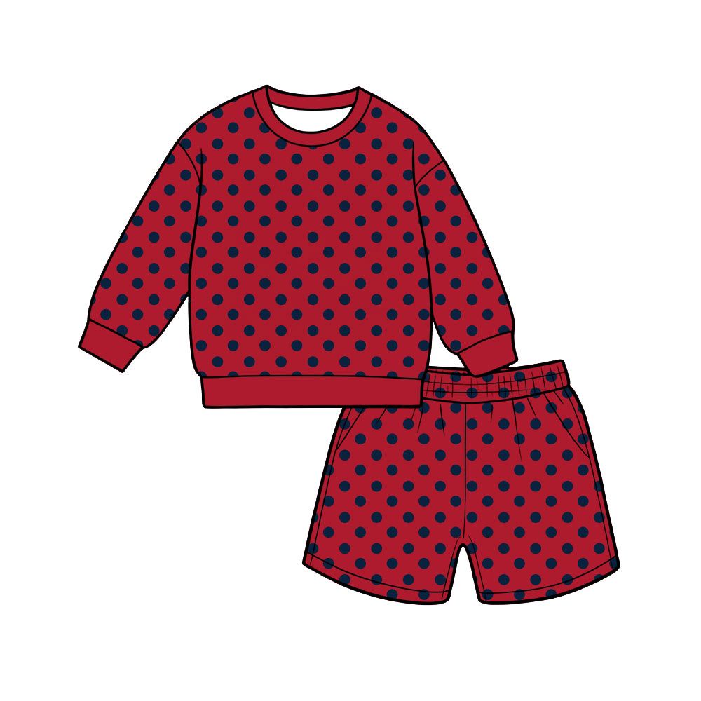 ( Moq 5 ) Preorder Adult Women Red Long Sleeves Navy Dots Shirt Pockets Shorts Set Clothes