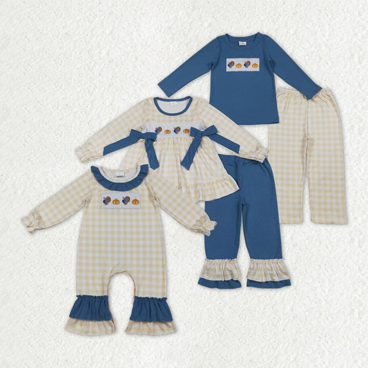 Sibling Baby Boys Girls Embroidery turkey Pumpkins Plaid Thanksgiving Fall Romper Set RTS