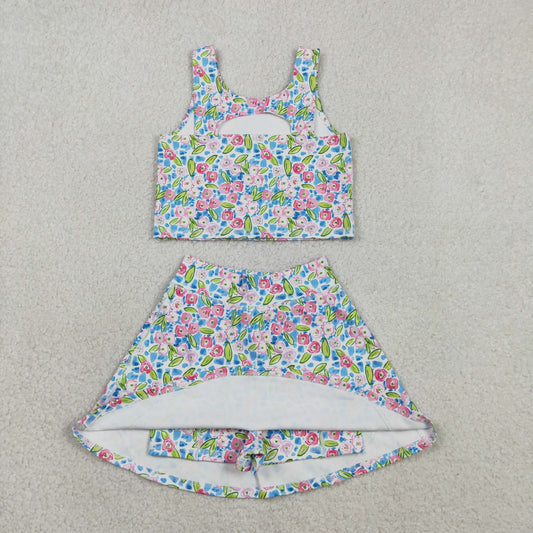 Baby Girls Kids Sleeveless Flower Tops Shorts Skirt Yoga Active Blue Set RTS