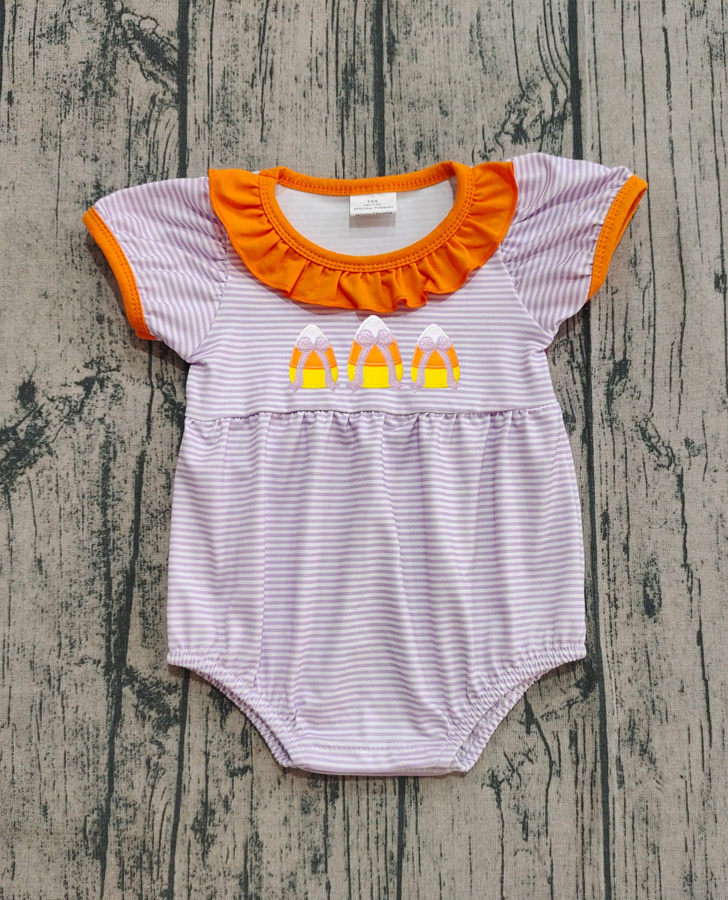 Preorder Baby Girl Short Sleeves Embroidery Candy Corn Bows Stripes Halloween Bubble Romper（ No moq ）