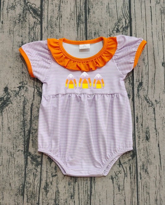 Preorder Baby Girl Short Sleeves Embroidery Candy Corn Bows Stripes Halloween Bubble Romper（ No moq ）