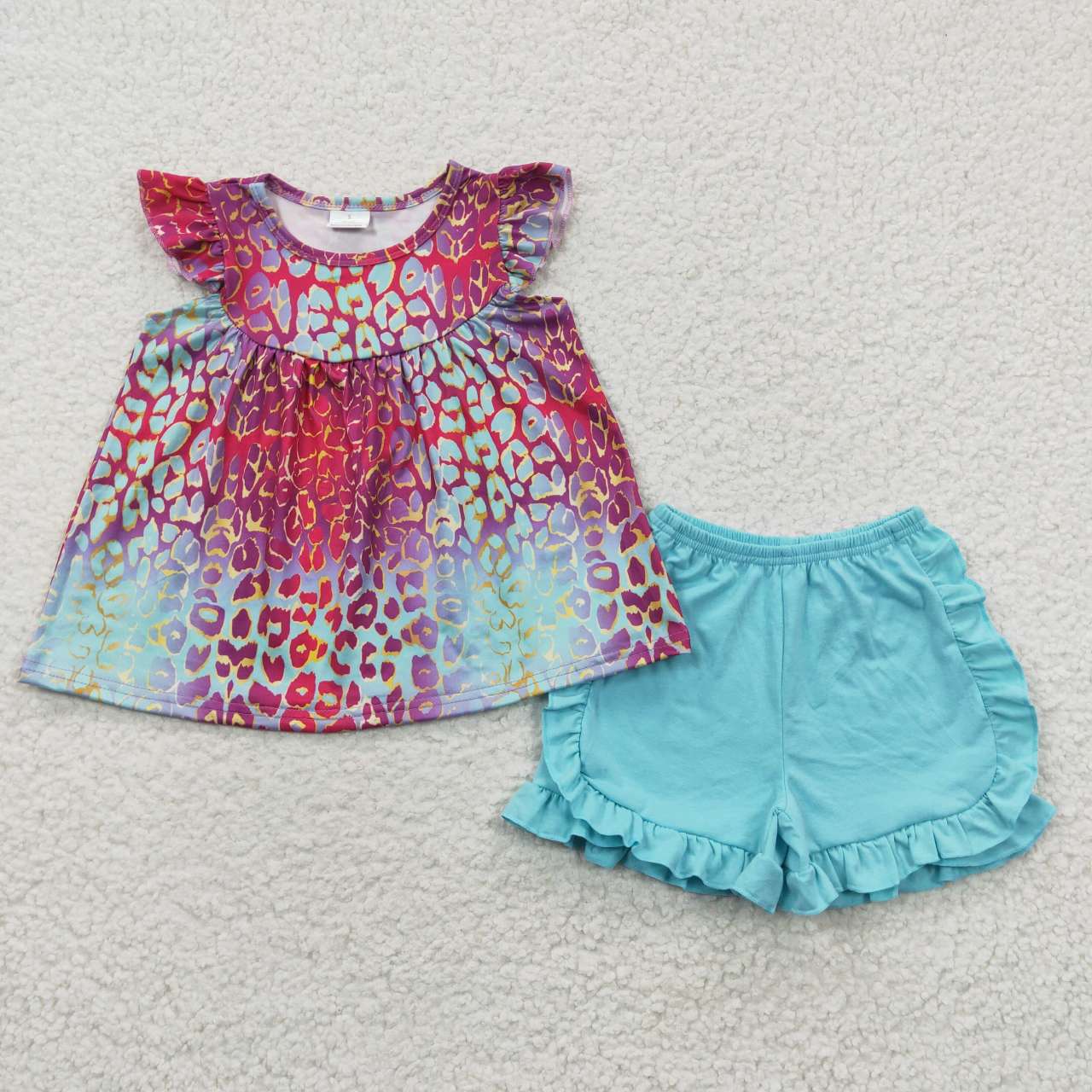 Sibling Baby Girls Kids Short Sleeves Leopard Tops Cotton Ruffle Shorts Clothes Sets RTS