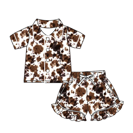 Baby Girl Short Sleeves Buttons Short Brown Cow Print Pajamas Clothes Set Moq 5