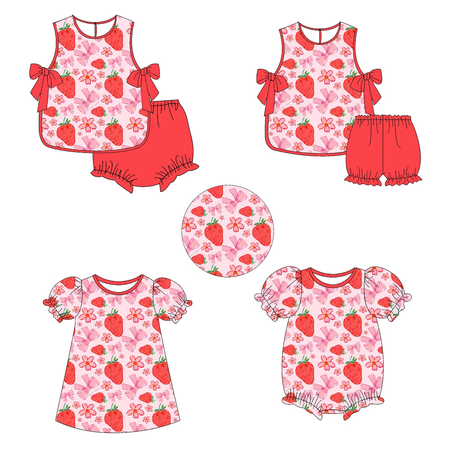 Baby Girl Strawberry Flower Bows Sibling Matching Dress Romper Clothes Set ( Moq 5 Each style )