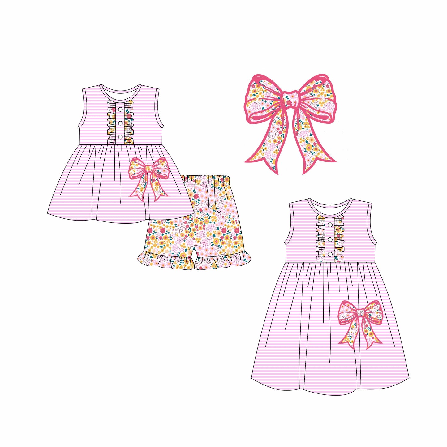 Baby Girl Pink Stripes Tunic Floral Bow Sibling Dress Set ( Moq 5 Each Style ) 2.12