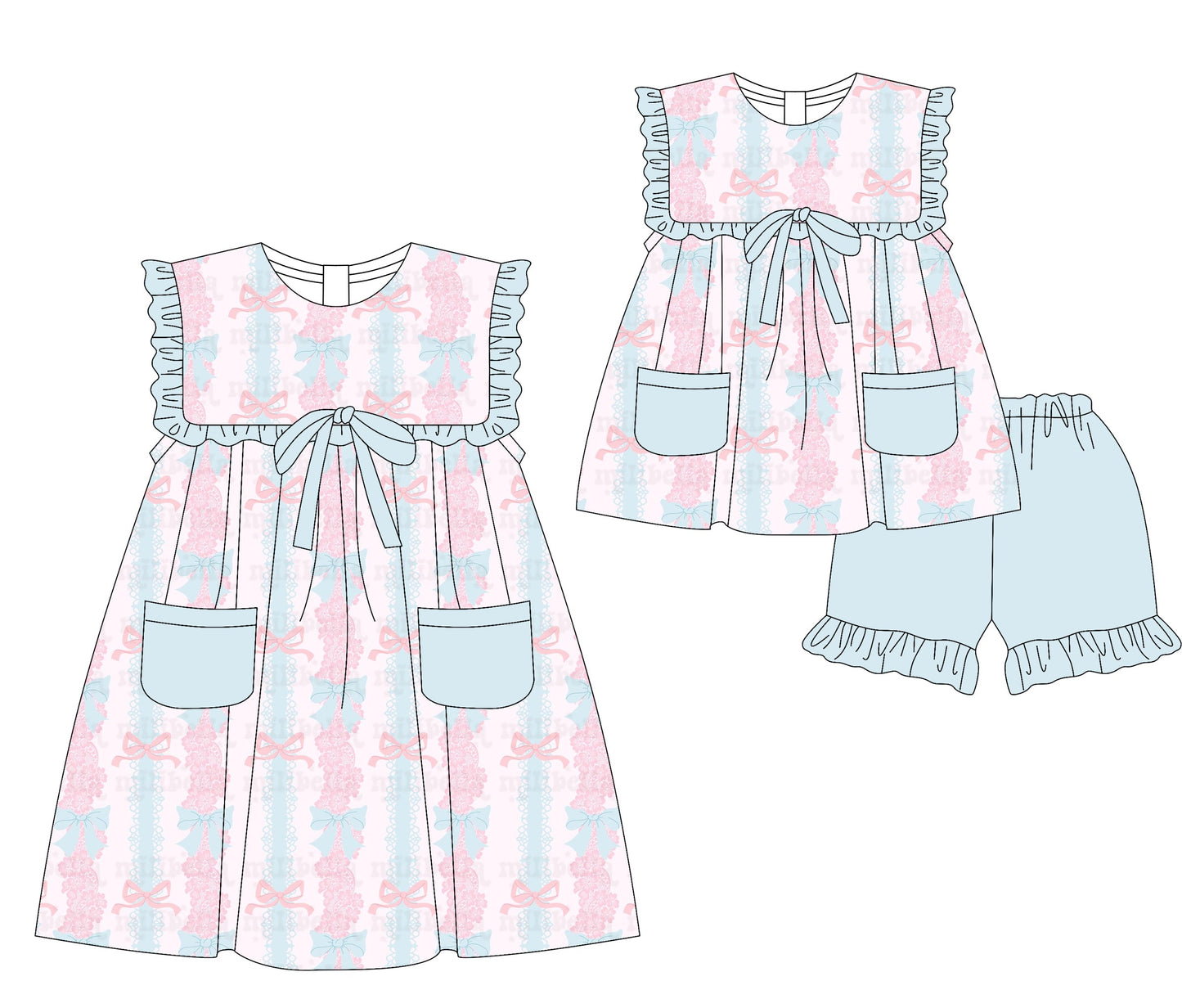 Baby Girl Blue Bows Pockets Sibling Dress Set ( Moq 5 Each Style ) 3.5