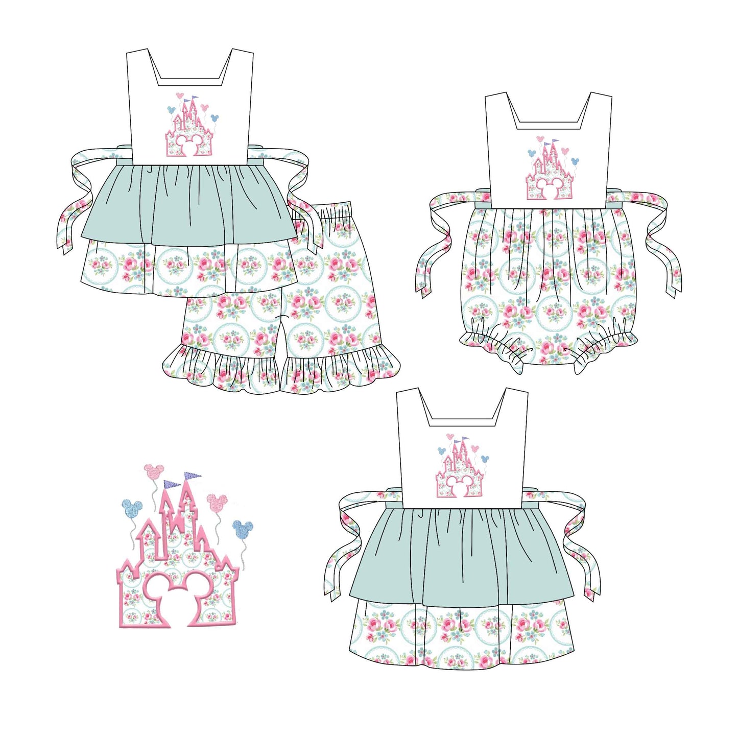 Baby Girl Floral Castle Hearts Green Sibling Romper Dress Set ( Moq 5 Each Style ) 1.21