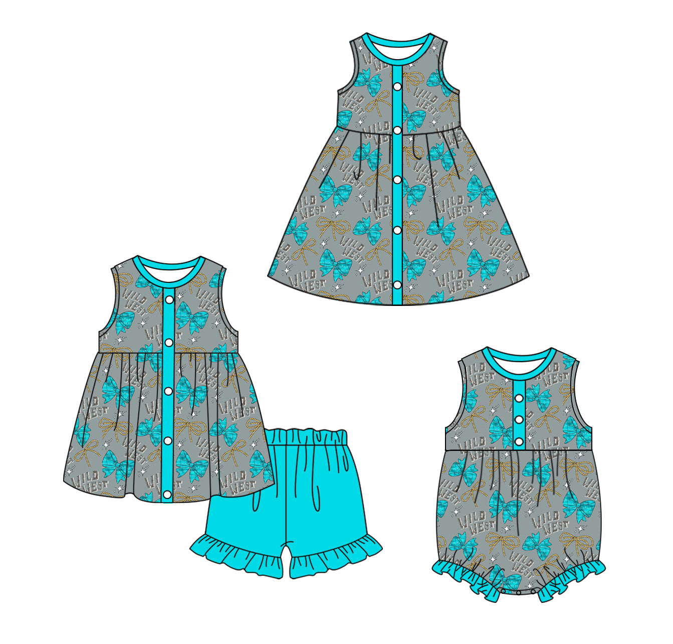 Baby Boy Girl Wild West Bows Sibling Dress Romper Set ( Moq 5 Each Style ) 12.19