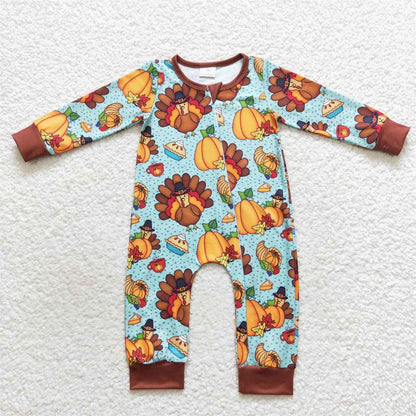 LR0581 Baby Boy Thanksgiving Long Sleeves turkey Pumpkin One Piece Zipper Romper