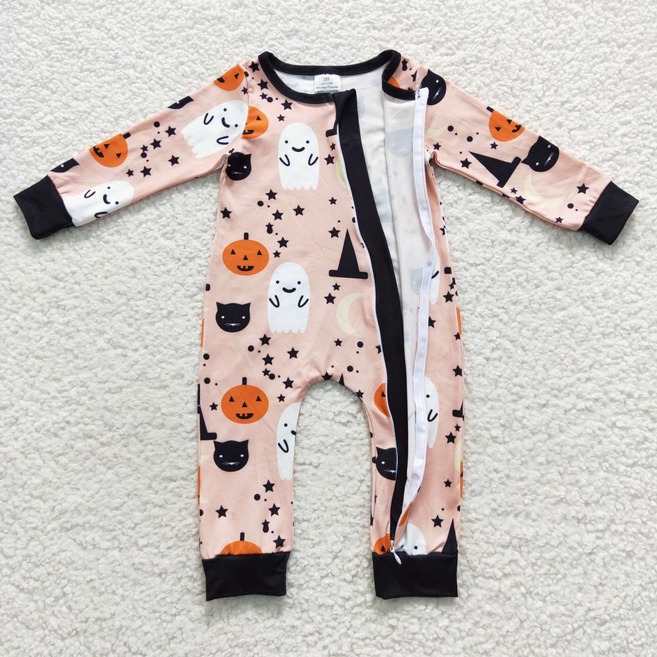 LR0474 Baby Kids Long Sleeves Zipper Halloween Ghost Pumpkin One Piece Romper