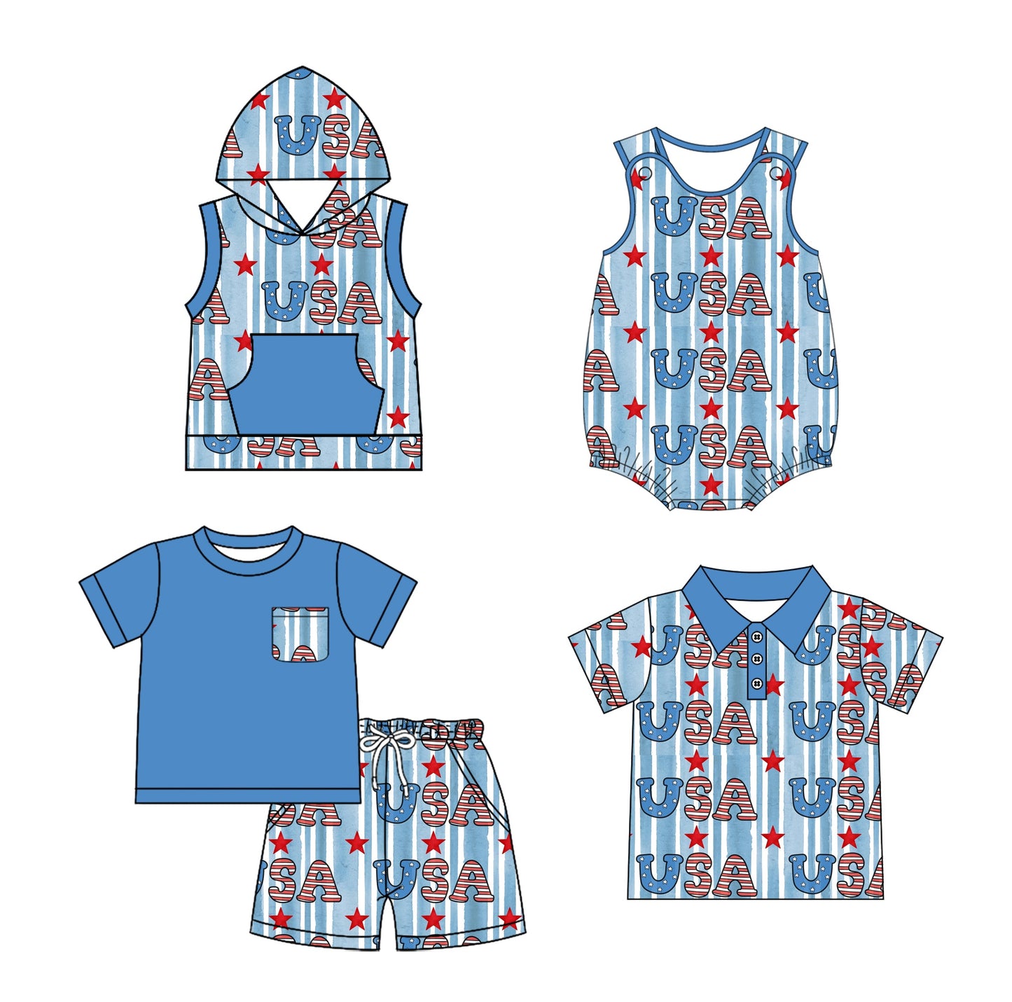 Baby Girl Stripes Stars July 4th Sibling Romper Shirt Set ( Moq 5 Each Style ) 1.18