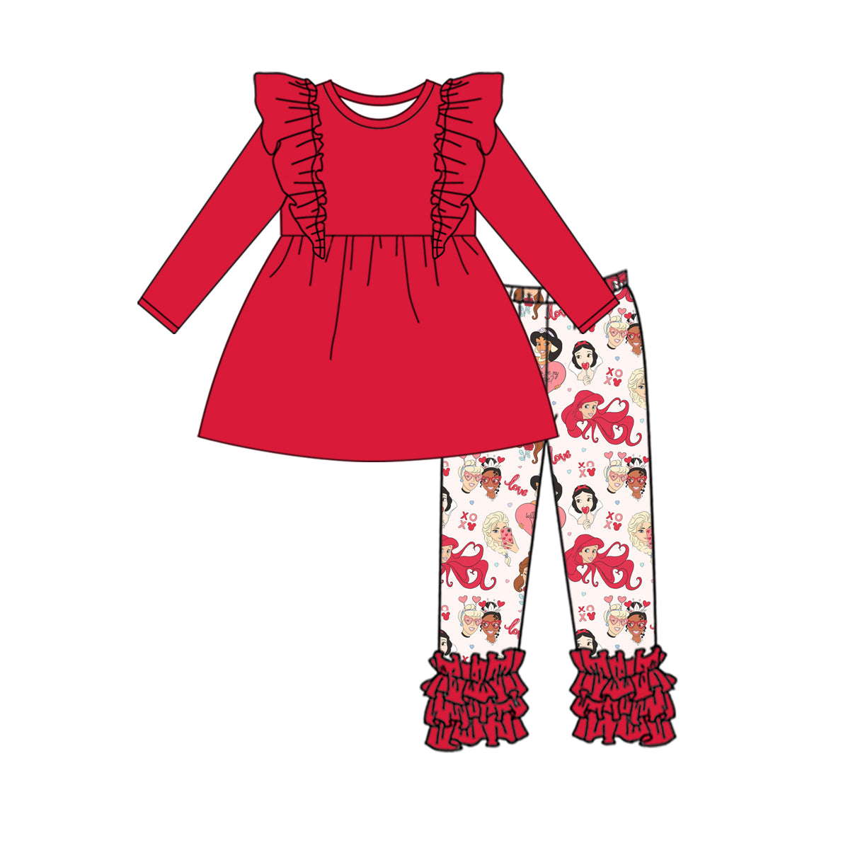 Baby Girl Long Sleeves Red Cotton Tops Princess Pants Valentine Set Moq 5