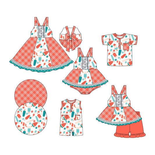 Baby Boy Girl July 4th Stars Popsicles Sibling Romper Dress Set ( Moq 5 Each Style ) 3.6