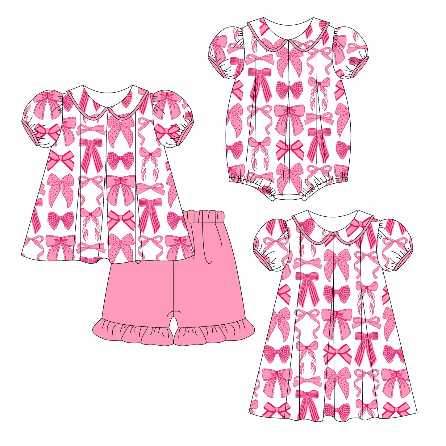 ( Moq 5 Each Style ) Baby Girl Short Sleeves Pink Bows Sibling Romper Dress Set 3.24
