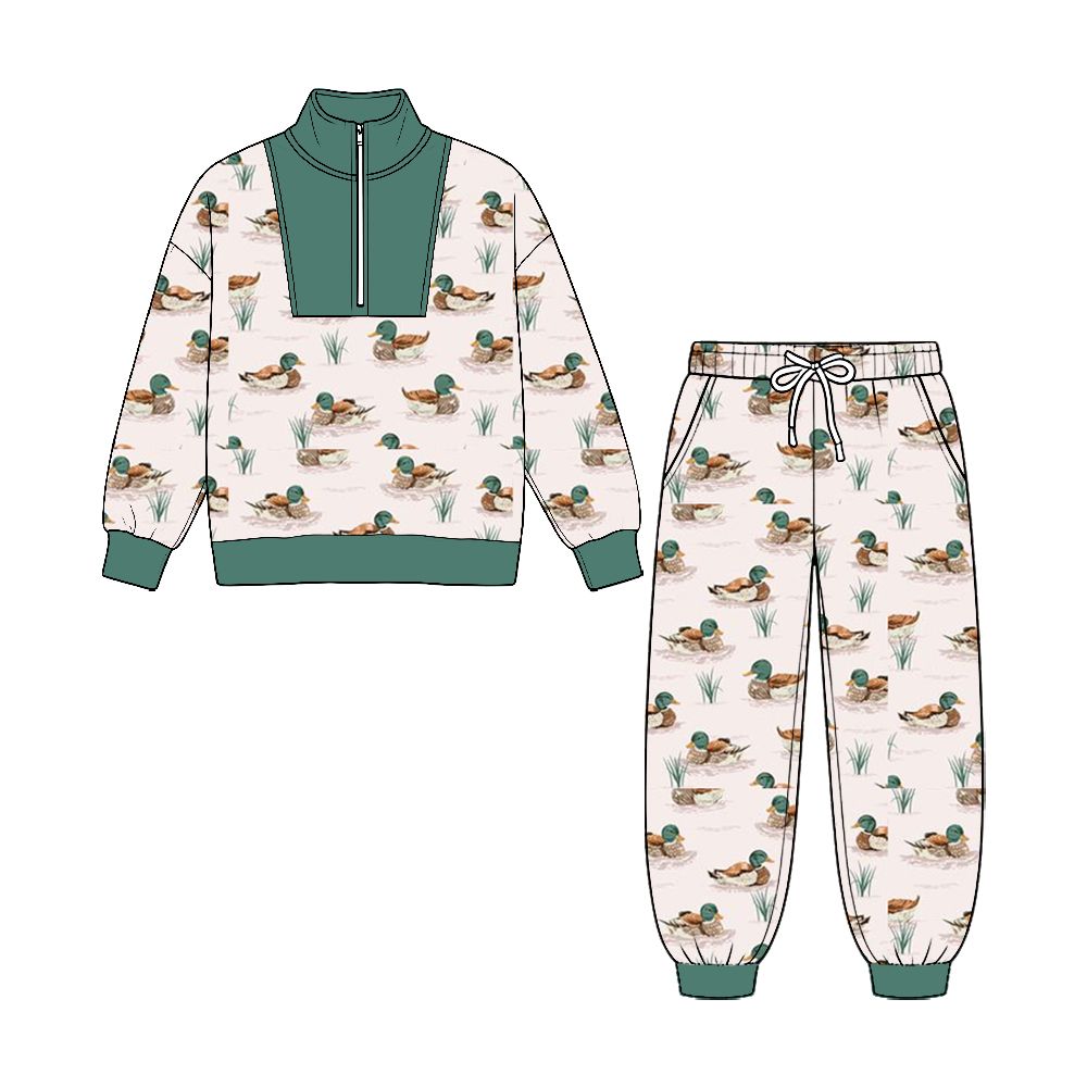 ( No moq ) Preorder Baby Boys Kids Long Sleeves Zipper Pullover Ducks Pockets Pants Set Clothes