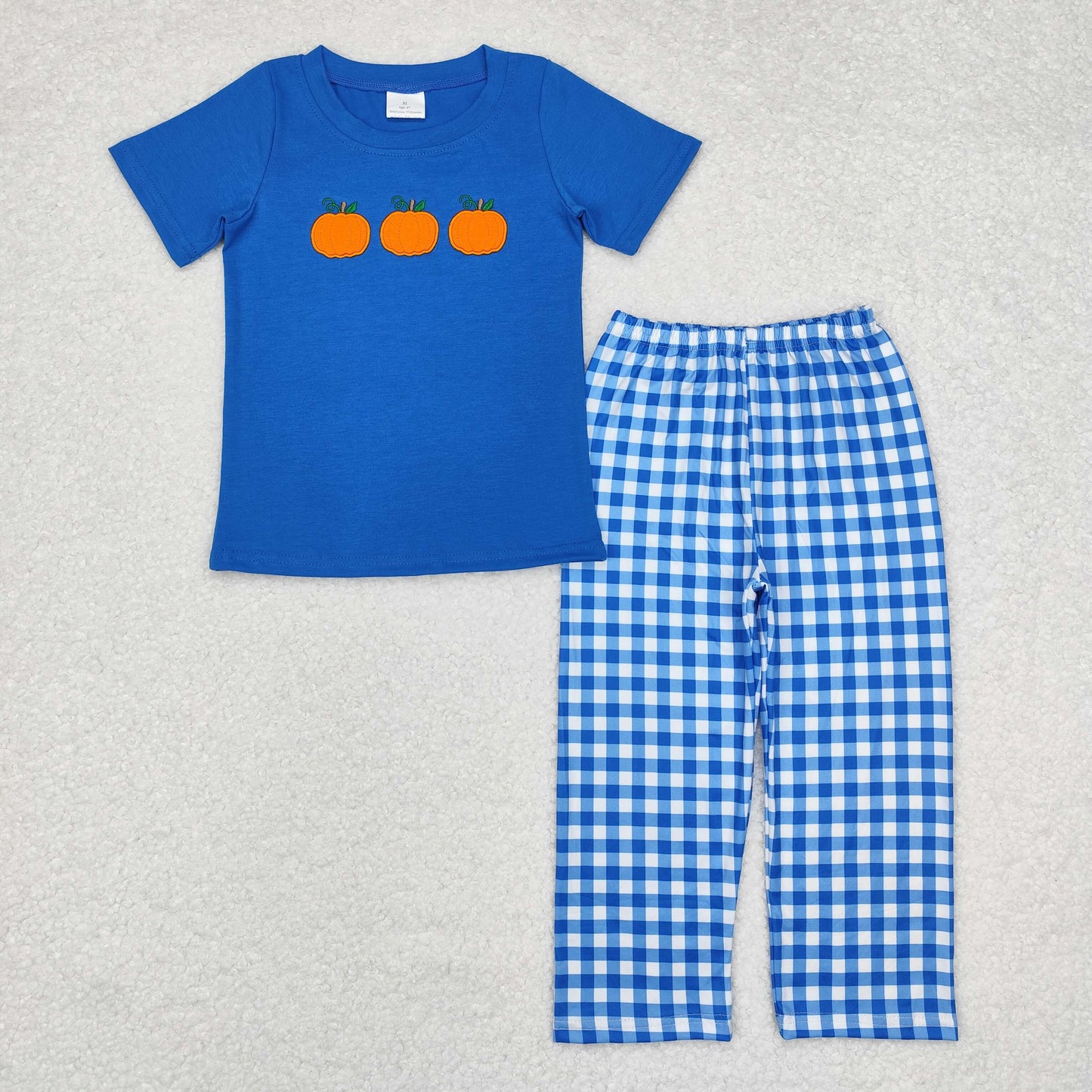 Baby Boy Short Sleeves Embroidery Pumpkin Blue Cotton Shirt Plaid Pant Fall Set