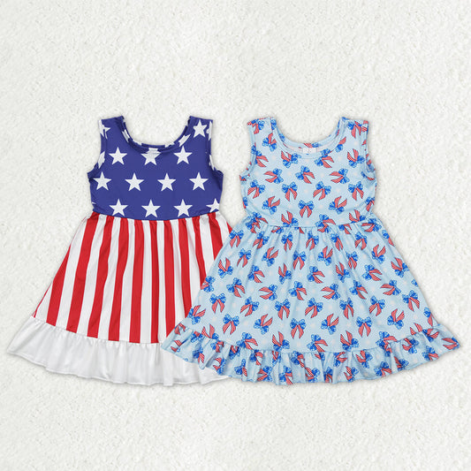 Sibling Baby Girls Kids Sleeveless Stars Bows 4th of July Ruffle Knee Length Dresses RTS