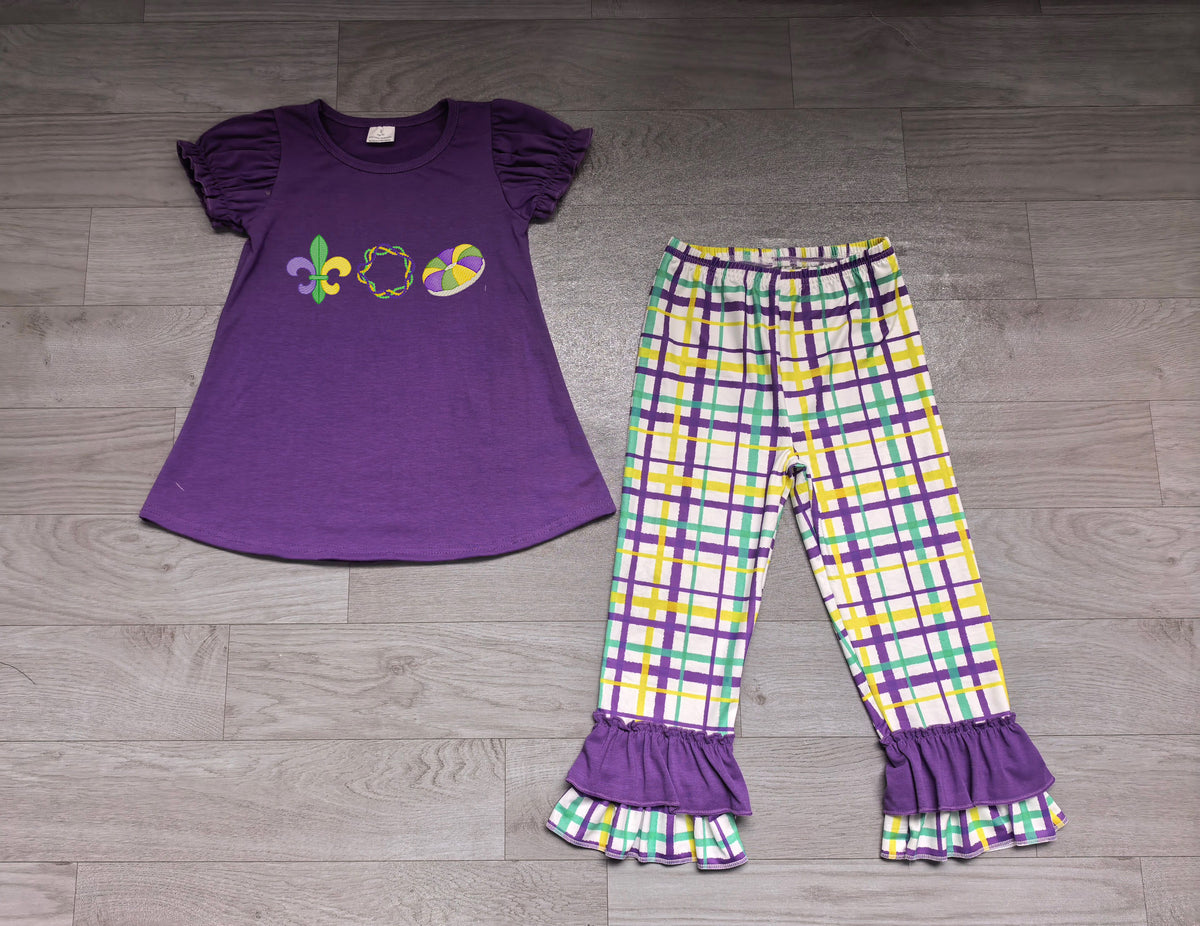 ( No moq ) Preorder Baby Girls Kids Embroidery Purple Tops Plaid Pants Mardi Gras Set Clothes