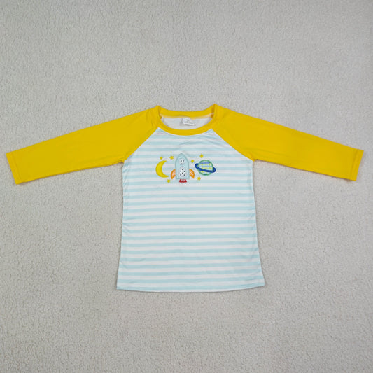 Baby Boys Kids Yellow Long Sleeves Embroidery Stripes Pullover Shirt Clothes RTS