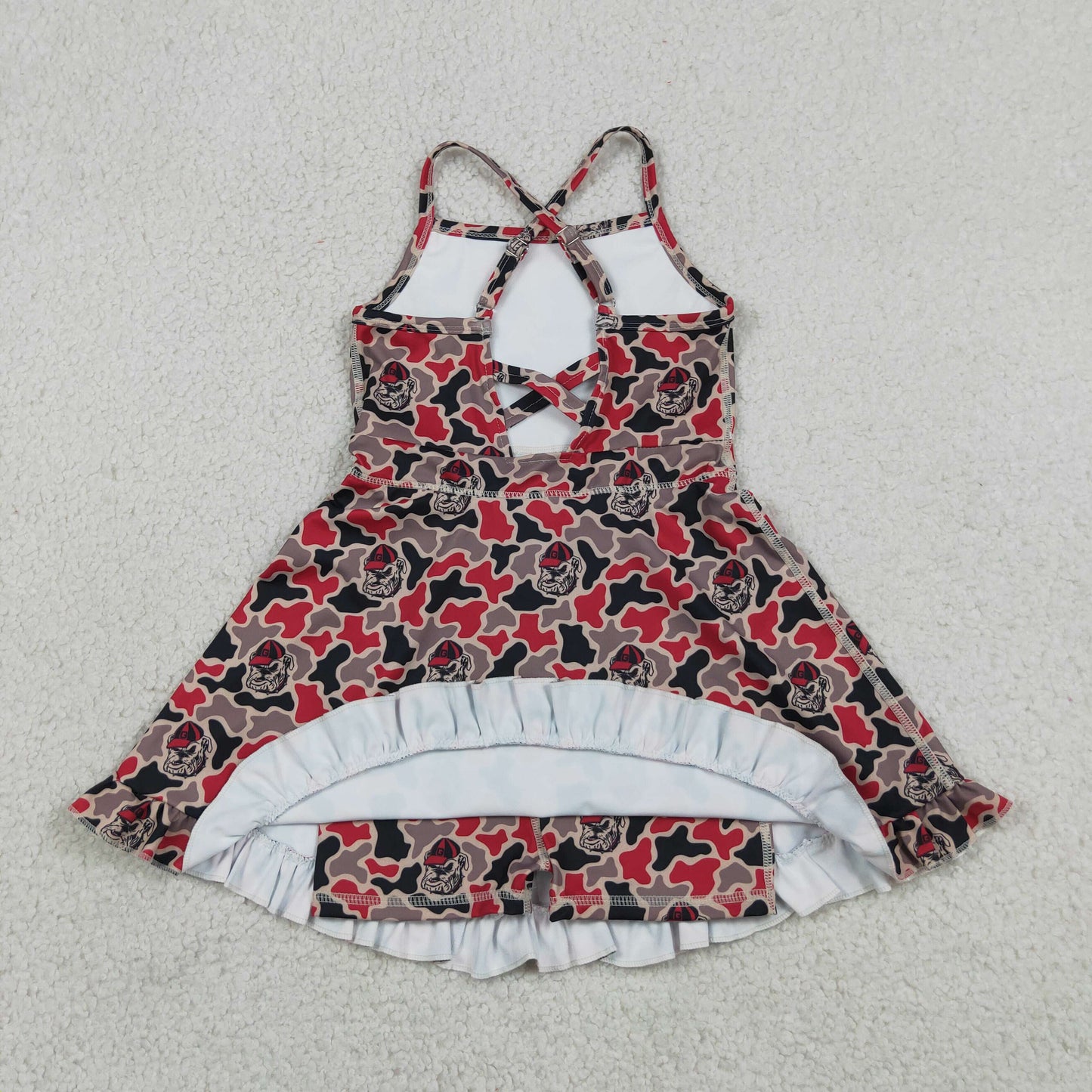 Baby Girls Kids Straps Dogs Camo Print Team Yoga Ruffle Knee Length Dress RTS