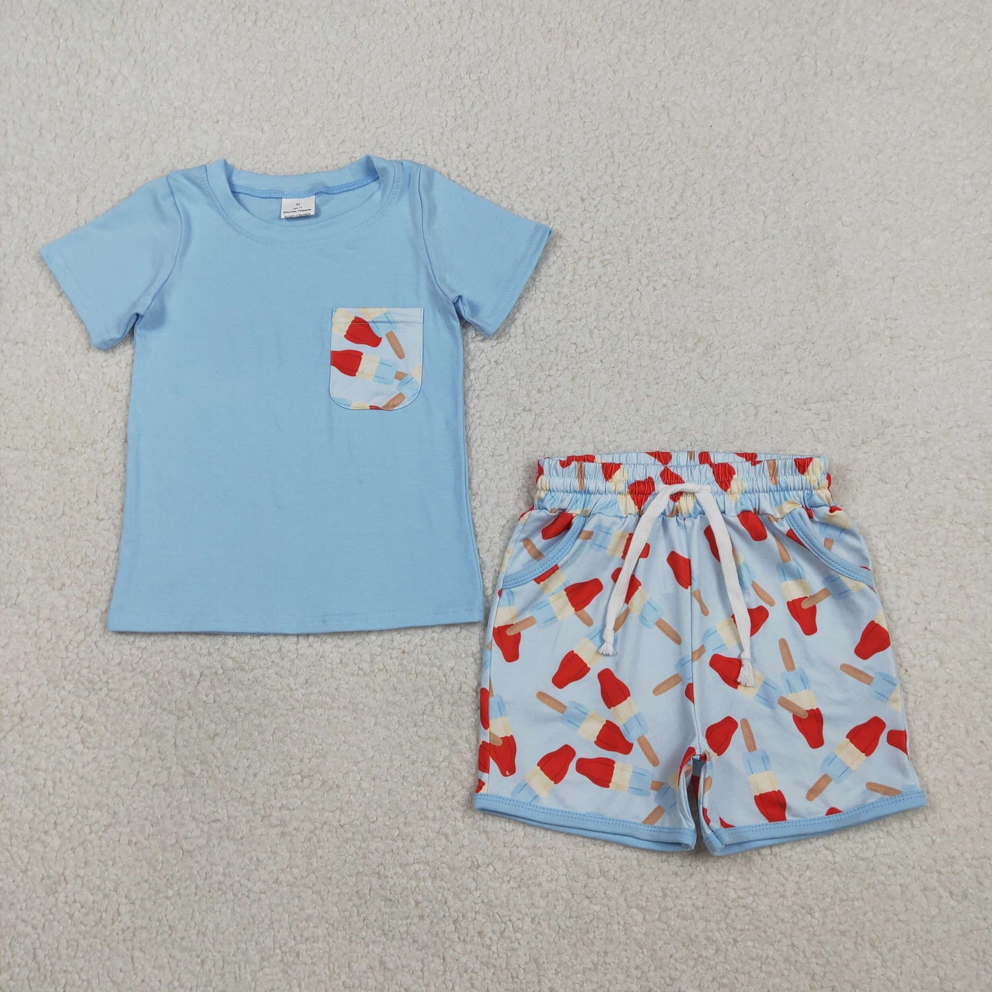 Baby Boys Short Sleeves Blue Shirt Popsicles Pockets Shorts 4th of July Clothes Set RTS