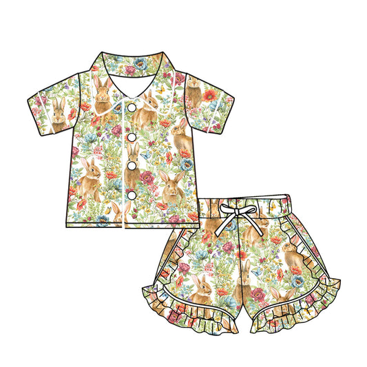 Baby Girl Short Sleeves Easter Rabbit Flower Buttons Shirt Shorts Pajamas Clothes Set Moq 5