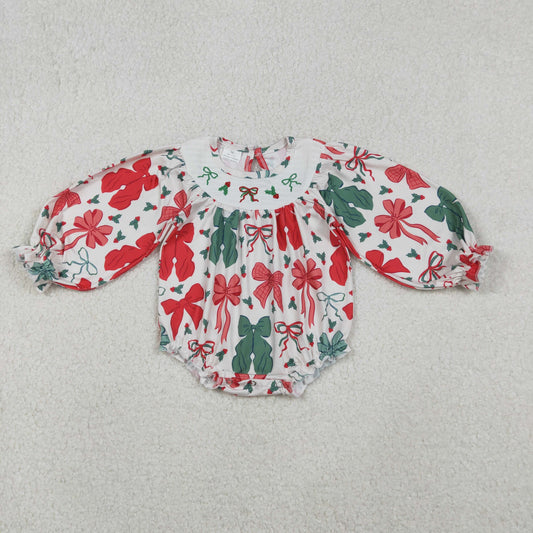Baby Girls Long Sleeves Red Green Bows Embroidery Christmas Bubble Romper RTS