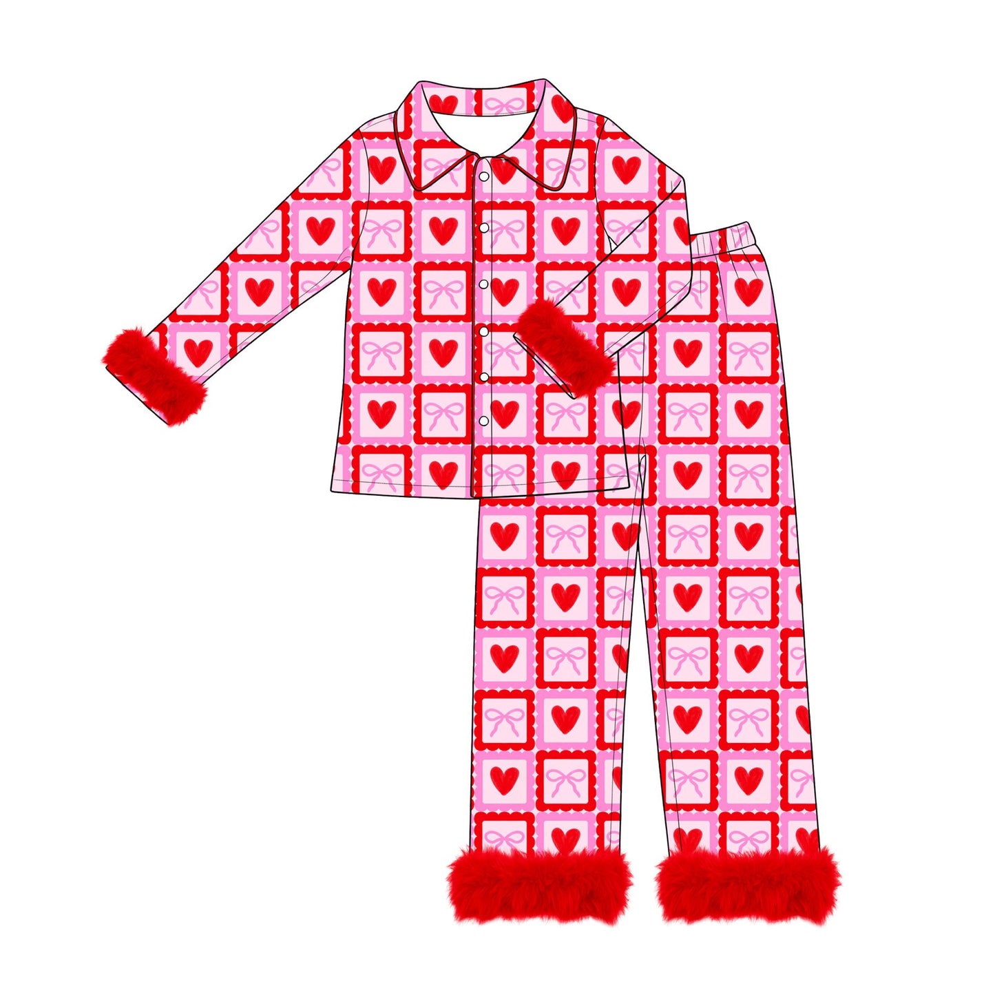 ( Moq 5 ) Preorder Adult Women Valentine Bows Hearts Buttons Shirt Fur Pants Pajamas Set